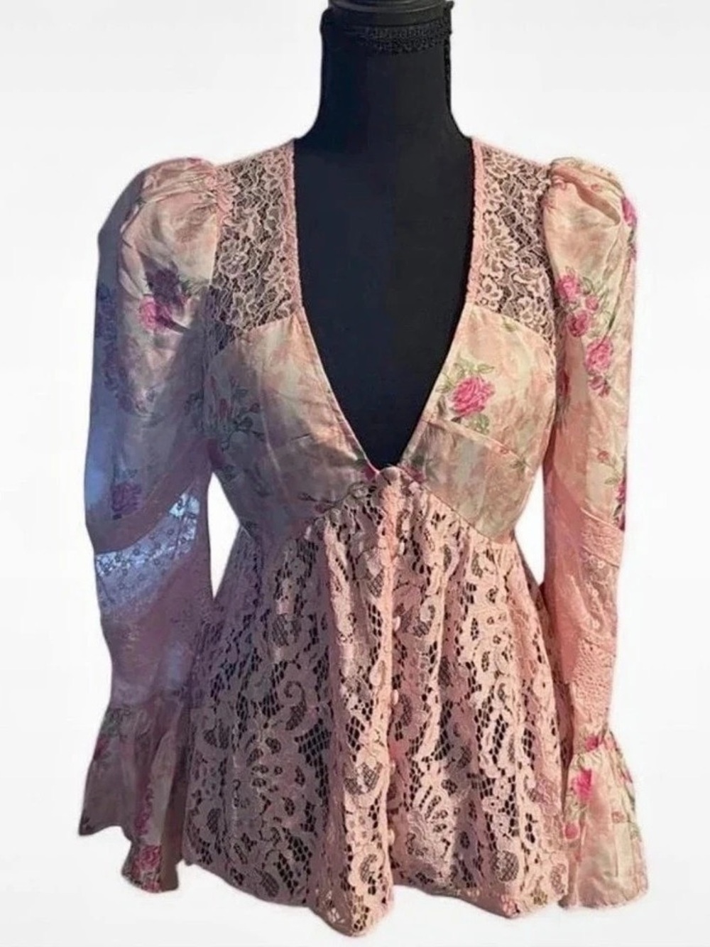 LOVE SHACK FANCY Floral Lace Peplum Blouse in Pink Like New